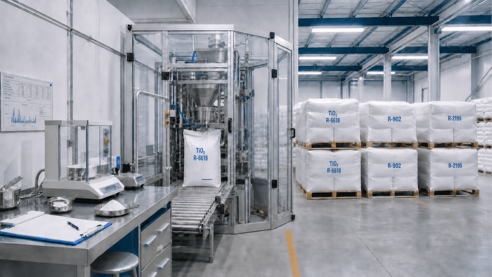 Industrial chemicals moving from specification checks through controlled bag filling to palletised bulk dispatch