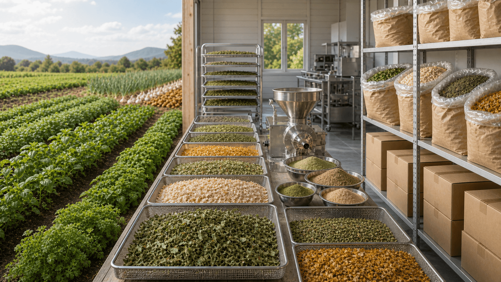 Food herbs progressing from cultivated fields through drying and milling to food-safe bulk packing