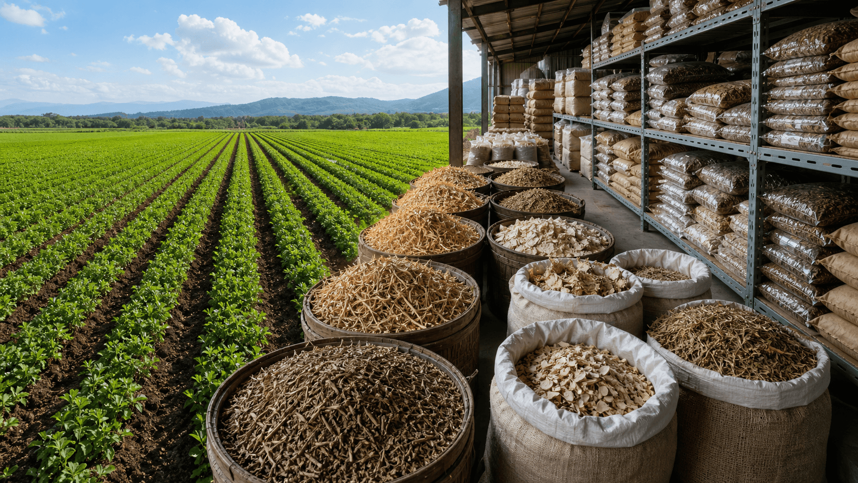 Medicinal herbs progressing from cultivated fields to bulk storage and packing