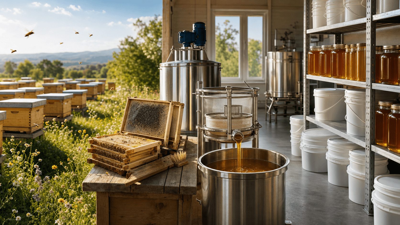 Honey progressing from apiary through extraction and filtration to shelf-ready jars and bulk pails