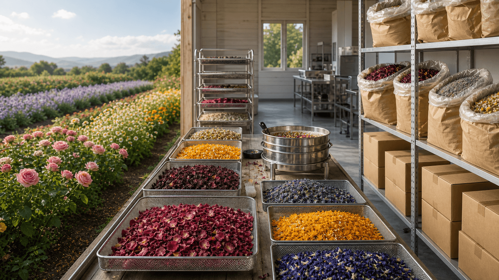 Petals progressing from cultivated flowers through drying and grading to protected bulk packing